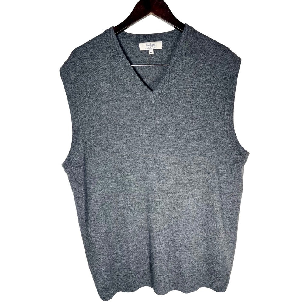 Turnbury Mens XL Gray Merino Wool V Neck Sweater Vest Golf Preppy Knit